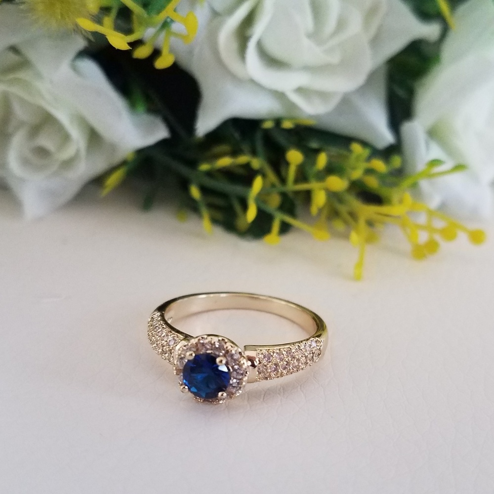 Blue Zirconia Round Halo Gold Plated Ring